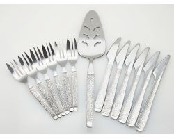 Vintage 13pc Textured Handle Cake Forks Cutlery & Server Set Steel (#100560)