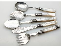 5x Mother Of Pearl Handled Jam Spoons Sardine Fork Etc Silver Plated Antique (#100598)