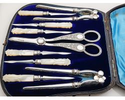 Beautiful Venetian Pattern Fruit & Nut Set Silver Plated Mother Of Pearl - Cased (#100665)