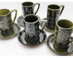Portmeirion Olive Green Totem 5x Tall Coffee Mugs & Saucers (#100681)
