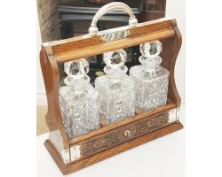 Antique 3 Decanter Tantalus - Carved Oak Silver Plated - With Key -  Glass Fine (#100709)