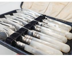 Mother Of Pearl Handled Fish Cutlery Set Silver Plated 1917 Sterling Ferrules (#100712)