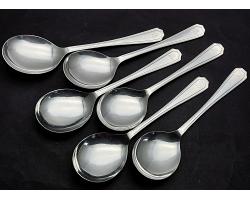Initial 'c' Set Of 6 Soup Spoons - Silver Plated Insignia Plate Vintage (#58230)