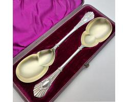 Beautiful Pair Of Serving Spoons - Victorian - Cased - Silver Plated & Gilt (#59094)