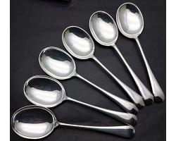 Gleaming Silver Plated Antique Set Of 6 Large Soup Spoons - Old English (#59369)