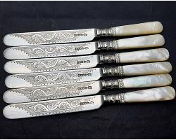 Antique Mother Of Pearl Handled Dessert Knives X6 - Silver Plated (#59405)