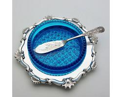 Antique Silver Plated Butter Dish With Blue Glass Liner & Knife (#59721)