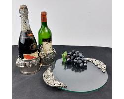 Double Wine Bottle Coaster & Glass Cheese Board - Silver Plated Silea Vintage (#59738)