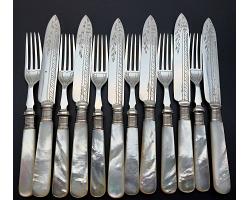 Mother Of Pearl Handle Fruit Dessert Cutlery Set Silver Plated Antique (#59768)