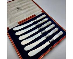 Mother Of Pearl Handle Silver Plated Tea / Butter Knives Cased Set Antique (#59776)