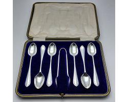 Antique Cased Silver Plated Coffee Spoons & Tongs - Sheffield Bright Cut (#59848)