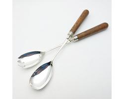 Edwardian Silver Plated & Oak Pair Of Salad Servers - Antique (#59866)