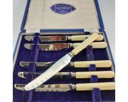Vintage Hawkedge Faux Bone Handle Tea Knives Cased Stainless Steel Cutlery (#60303)