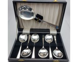 Vintage Cased Fruit Pudding Spoons & Server Set Epns Sheffield Silver Plated (#61918)