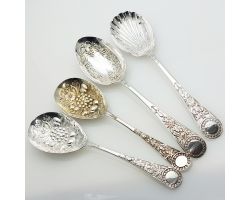 4x Venetian Pattern Repousse Berry Bowl Serving Spoons Silver Plated Epns (#61984)