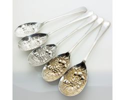 5x Reed & Ribbon Repousse Berry Bowl Serving Spoons Silver Plated Epns (#61986)