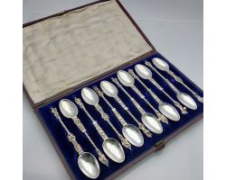 Antique Cased Set Of 12 Apostle Spoons - Cast Silver Probably Hanau White Metal (#99468)