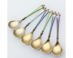 Guilloche Enamel Sterling Silver Caviar Spoons David-andersen Antique (#99499)