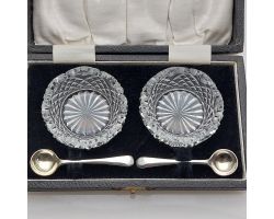 Cased Cut Glass Salt Dishes & Silver Plated Spoons - 1934 Ladies Festival (#99513)
