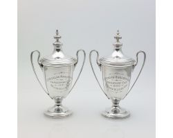Fine Pair Of Small Lidded Trophy Cups Odlum Family Interest Silver Plated (#99521)