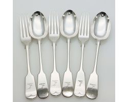 Fiddle Pattern Crested Dessert Spoons & Forks Hutton Silver Plated Antique (#99533)