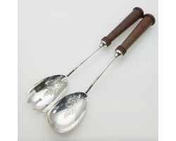 Pair Of Victorian Silver Plated & Wood Handle Salad Servers Antique (#99554)