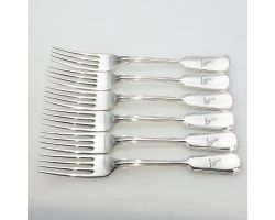 Odlum Crest Set Of 6 Fiddle Thread Dinner Forks Silver Plated Antique (#99566)