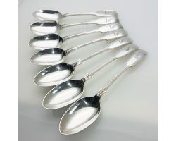 Odlum Crest Set Of 7 Fiddle Thread Dessert Spoons Silver Plated Antique (#99569)