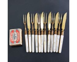Mother Of Pearl Handled Gold Plated Date Fruit Cutlery Set Antique (#99637)