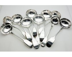 10x Fiddle Pattern Large Sauce Ladles - Silver Plated Epns Antique (#99665)