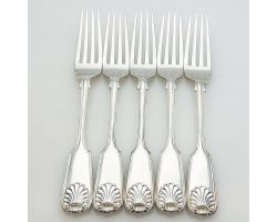 Fiddle Thread Shell - Set Of 5 Dinner Forks Silver Plated Antique (#99680)