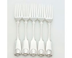 Fiddle Thread Shell - Set Of 5 Side / Dessert Forks Silver Plated Antique (#99681)