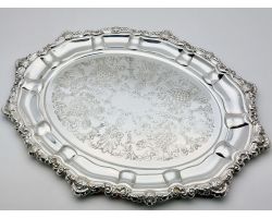 Ornate Silver Plated Chased Serving Platter Tray - Vintage (#99686)