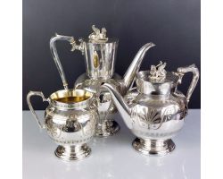Beautiful Victorian Egyptian Revival Spinx Tea & Coffee Pot Set Silver Plated (#99697)