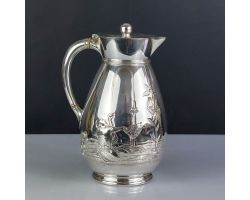 Superb Japanesque Enlightened Man & Crane Jug - Silver Plated 1875 Antique (#99699)