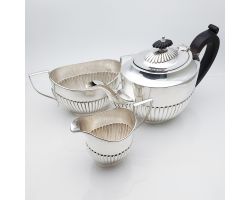 Fine 3 Piece Semi Fluted Bachelor Tea Service Set - Silver Plated - Antique (#99707)