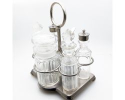 Unusual Vintage Plated & Glass Cruet Condiment Set With Pickle Jar (#99716)