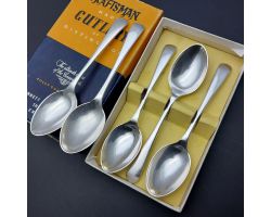 Old English Pattern Set Of 5 Tea Spoons Silver Plated Epns Bennett Heron Boxed (#99728)