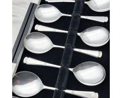 Cased Vintage Set Of 6 Pudding Spoons Epns Silver Plated (#99745)