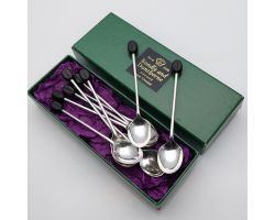 Set Of 10 Silver Plated Coffee Bean Spoons Epns - Boxed - Vintage (#99773)