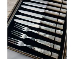 Unusual Elkington Mother Of Pearl Dessert Cutlery Set Silver Plated 1939 (#99776)