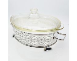 Art Deco Casserole Dish Stand With Pyrex Glass Bowl Silver Plated (#99797)