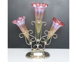 Antique Epergne Beautiful Cranberry & Yellow Glass Ex Silver Plated (#99843)