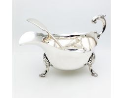Larger Sized 1/2 Pt Sauce Boat Hoofed Feet Antique With Ladle - Silver Plated (#99851)