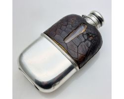 Antique James Dixon Hip Flask Silver Plated & Glass Mock Croc Leather (#99858)