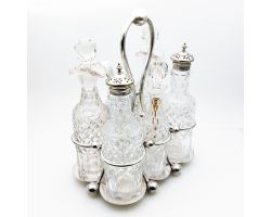 Antique 6 Bottle Cut Glass & Silver Plated Cruet Set - Martin Hall & Co (#99869)