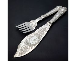 Beautiful Victorian Large Fish Servers Heron Bright Cut Silver Plated (#99902)