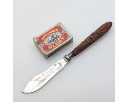 Antique Carved Wooden Handle Butter Spreader Knife Silver Plated (#99967)