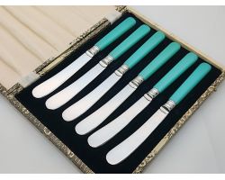 Cased Silver Plated Turquoise Handled Tea Knives Vintage Cutlery (#99998)