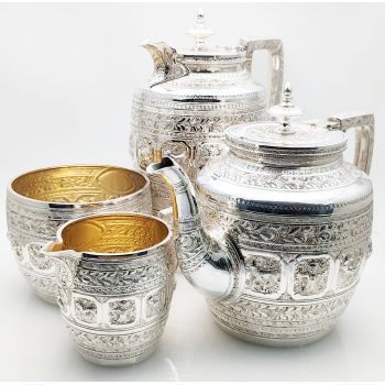 Magnificent Zodiac 4 Piece Tea Service Set C. 1885 - Antique Silver Plated (#100006) 1